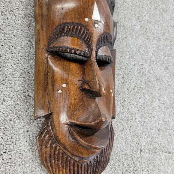 Vintage African Tribal Mask 19" Wood Hand Carved Face Natural Inlaid Art Decor